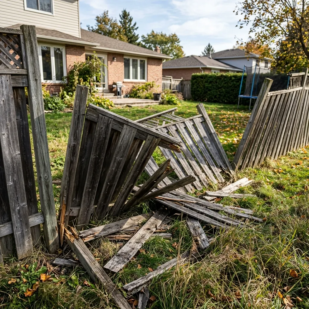 Broken, weathered fence panels blown over after storm