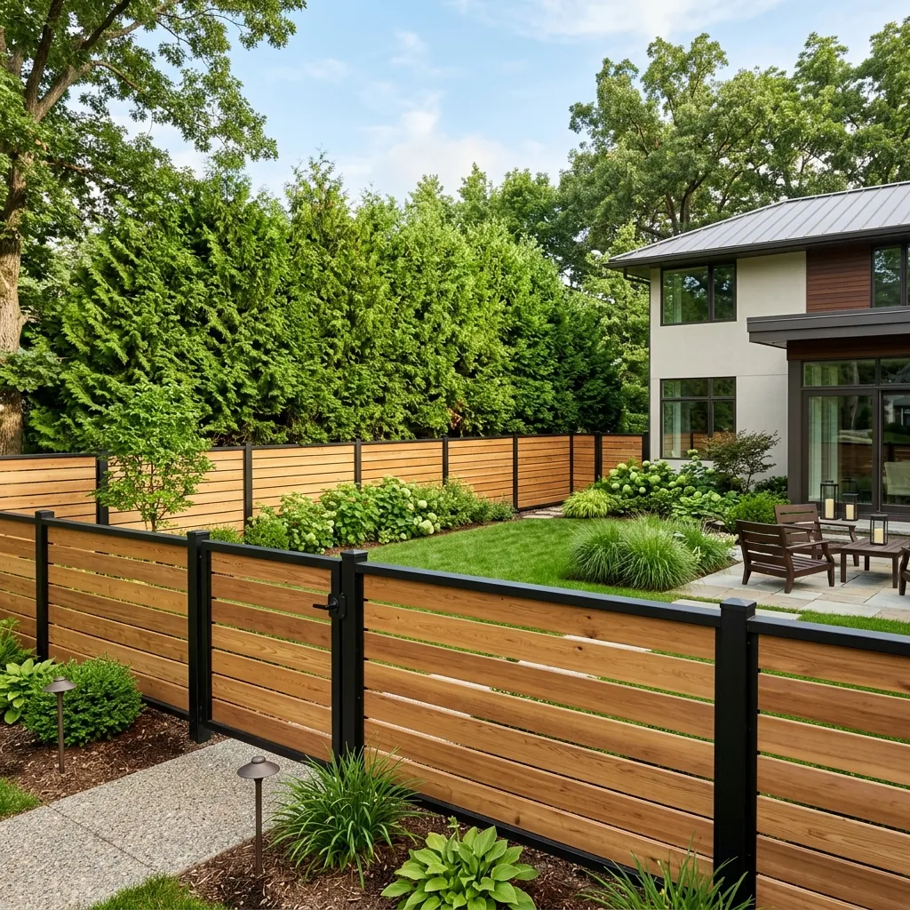 Horizontal cedar privacy fence installation