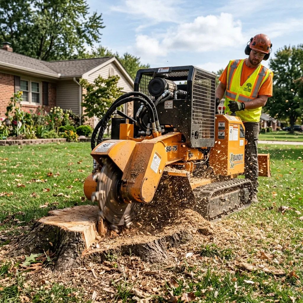 Stump grinding machine shredding wood roots