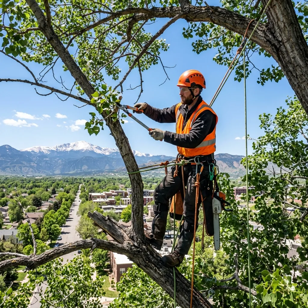 Tree crew trimming a branch canopy